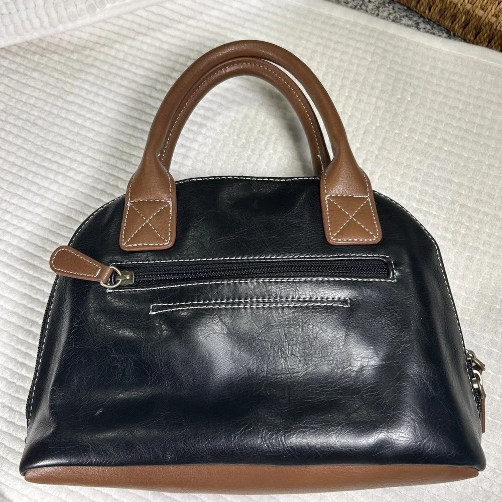 Vtg Stone Mountain Leather Purse Handbag Black and Brown Satchel‎ Clean Classic